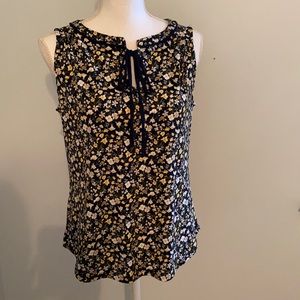 Tie front navy & yellow flowered blouse.  New with tags
